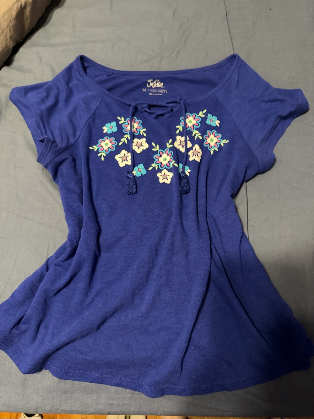 Justice Royal Blue Short-Sleeve Floral Tie-Front Top